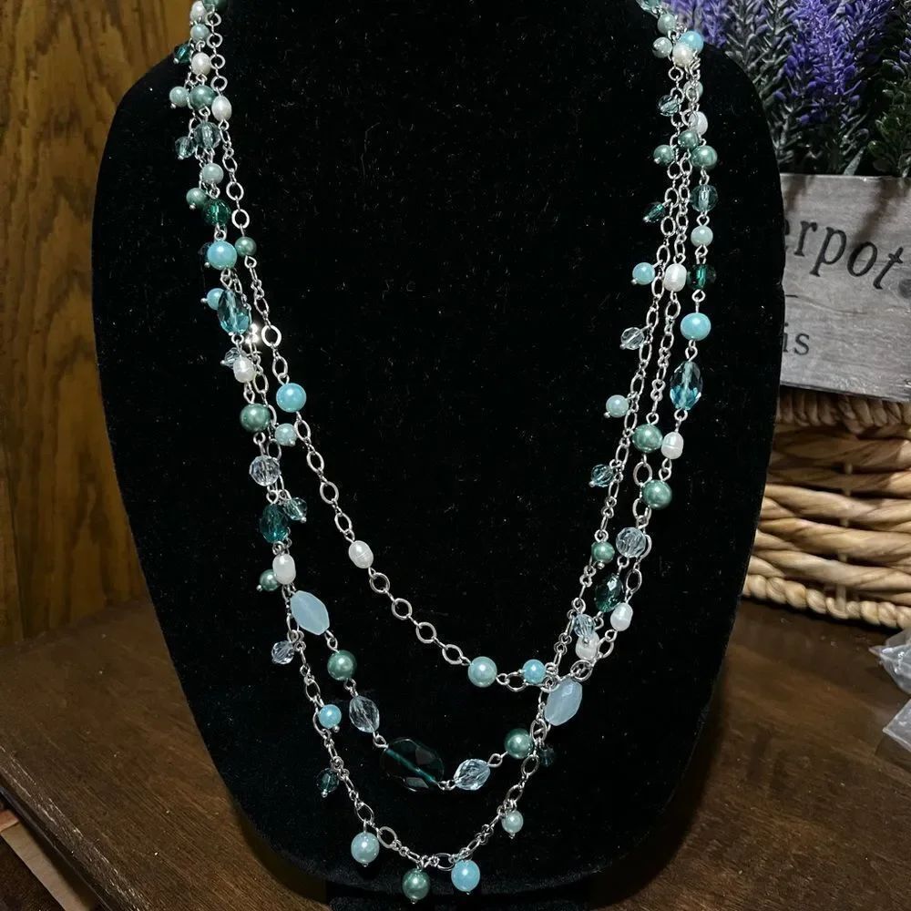 Gorgeous multi strand green tone pearl necklace by Lia Sophia, crystal, white,